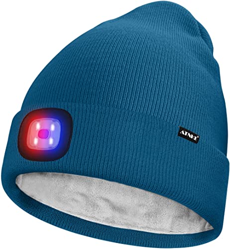 ATNKE Unisex LED Mütze mit Licht,Wiederaufladbare USB 4 LED Rot und Blau Leuchten Blinkender Laufmütze Lampe Warme Gefüttertes Fleece Stricken Mütze für Herren und Damen Geschenke/Peacock Blue von ATNKE