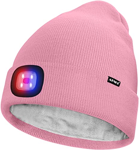 ATNKE Unisex LED Mütze mit Licht,Wiederaufladbare USB 4 LED Rot und Blau Leuchten Blinkender Laufmütze Lampe Warme Gefüttertes Fleece Stricken Mütze für Herren und Damen Geschenke/Pink von ATNKE