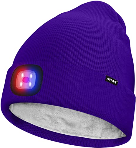 ATNKE Unisex LED Mütze mit Licht,Wiederaufladbare USB 4 LED Rot und Blau Leuchten Blinkender Laufmütze Lampe Warme Gefüttertes Fleece Stricken Mütze für Herren und Damen Geschenke/Purple von ATNKE