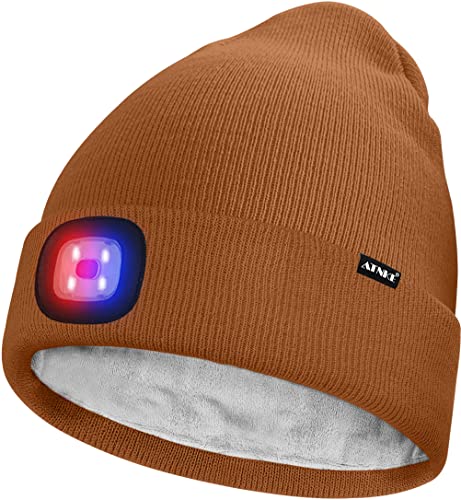 ATNKE Unisex LED Mütze mit Licht,Wiederaufladbare USB 4 LED Rot und Blau Leuchten Blinkender Laufmütze Lampe Warme Gefüttertes Fleece Stricken Mütze für Herren und Damen Geschenke/Red Brown von ATNKE