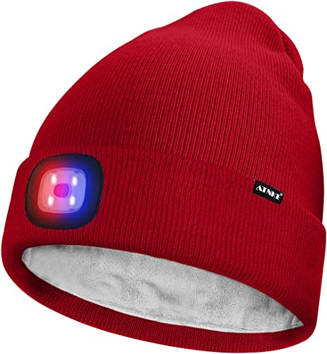 ATNKE Unisex LED Mütze mit Licht,Wiederaufladbare USB 4 LED Rot und Blau Leuchten Blinkender Laufmütze Lampe Warme Gefüttertes Fleece Stricken Mütze für Herren und Damen Geschenke/Red von ATNKE