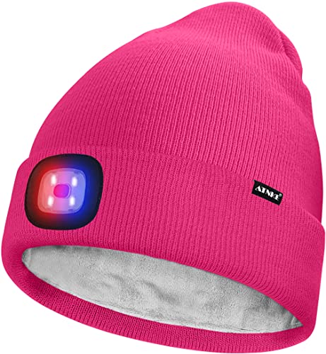 ATNKE Unisex LED Mütze mit Licht,Wiederaufladbare USB 4 LED Rot und Blau Leuchten Blinkender Laufmütze Lampe Warme Gefüttertes Fleece Stricken Mütze für Herren und Damen Geschenke/Rose Red von ATNKE