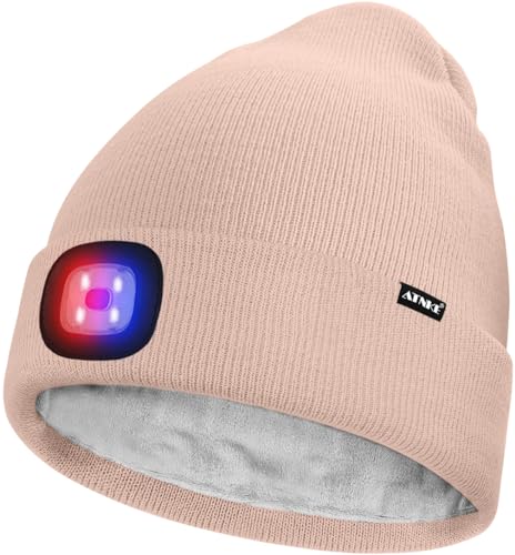ATNKE Unisex LED Mütze mit Licht,Wiederaufladbare USB 4 LED Rot und Blau Leuchten Blinkender Laufmütze Lampe Warme Gefüttertes Fleece Stricken Mütze für Herren und Damen Geschenke/Skin Pink von ATNKE