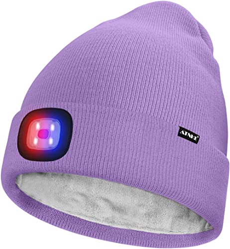 ATNKE Unisex LED Mütze mit Licht,Wiederaufladbare USB 4 LED Rot und Blau Leuchten Blinkender Laufmütze Lampe Warme Gefüttertes Fleece Stricken Mütze für Herren und Damen Geschenke/Taro Purple von ATNKE