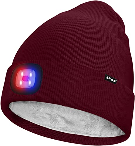 ATNKE Unisex LED Mütze mit Licht,Wiederaufladbare USB 4 LED Rot und Blau Leuchten Blinkender Laufmütze Lampe Warme Gefüttertes Fleece Stricken Mütze für Herren und Damen Geschenke/Wine Red von ATNKE