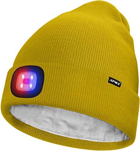 ATNKE Unisex LED Mütze mit Licht,Wiederaufladbare USB 4 LED Rot und Blau Leuchten Blinkender Laufmütze Lampe Warme Gefüttertes Fleece Stricken Mütze für Herren und Damen Geschenke/Yellow von ATNKE