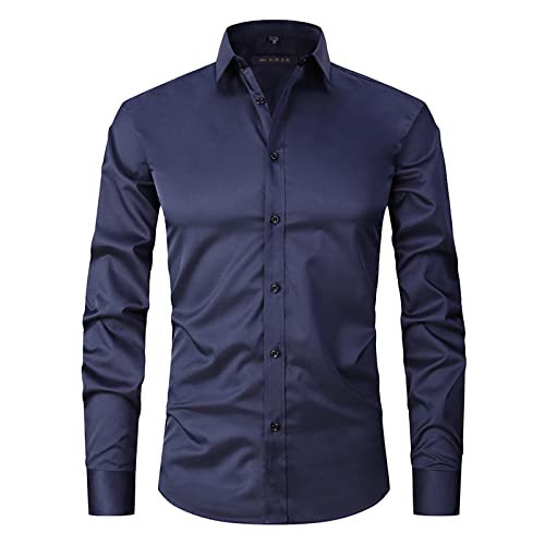 ATOFY Herren Hemd Langarm Slim Fit Business Casual Button Down Solid Shirts, Marineblau, L von ATOFY
