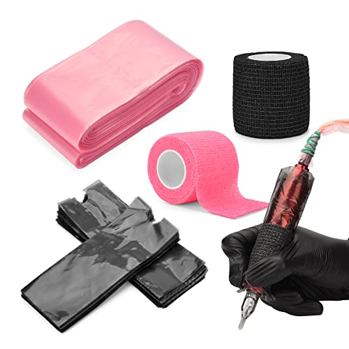 ATOMUS Black 200pcs Disposable Tattoo Pen Sleeves Bag Pink 100pcs Tattoo Clip Cord Bag with 2pcs Self-adhesive Bandage Plastic Cover Bags Tattoo Machine Accessories von ATOMUS