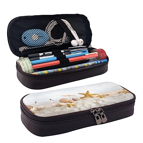 ATOurDealss Federmäppchen mit Muscheln am Strand, großes Fassungsvermögen, Federmäppchen mit Reißverschluss, strapazierfähiges Leder-Federmäppchen, schwarz, Einheitsgröße, Koffer, Schwarz , von ATOurDealss