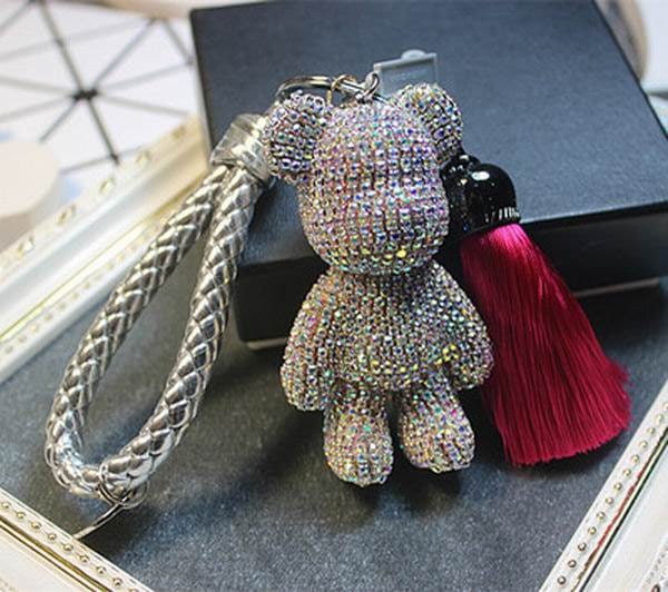Crystal Bear Schlüsselanhänger Quaste Silber Leder Seil Geflochten Schlüssel Ketten Geldbörse Charme Sparkly Teddy Auto Ring Heißen Rosa von ATSlowTimes