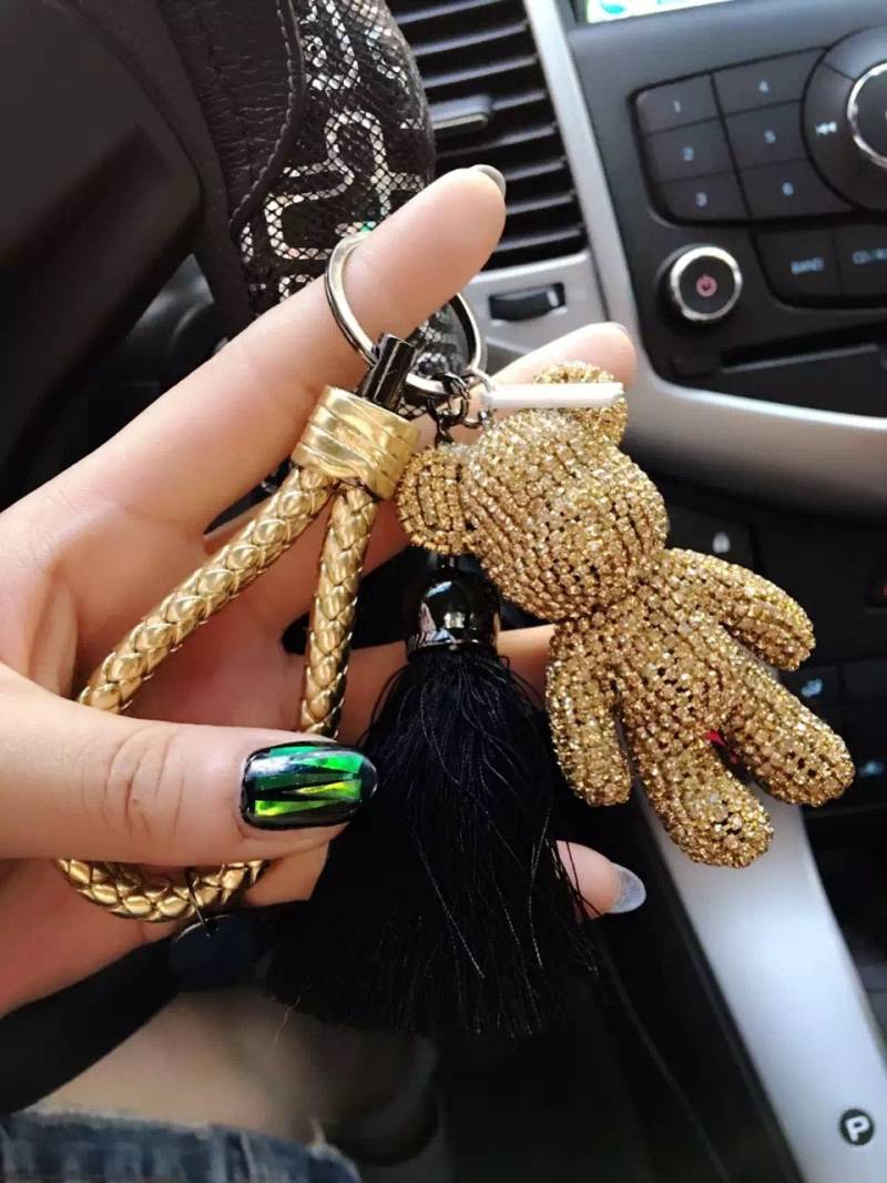 Gold Strass Bear Schlüsselanhänger Bling Leder Geflochten Schlüssel Ketten Tote Charm Teddybär Schwarz Quaste Auto Ring von ATSlowTimes