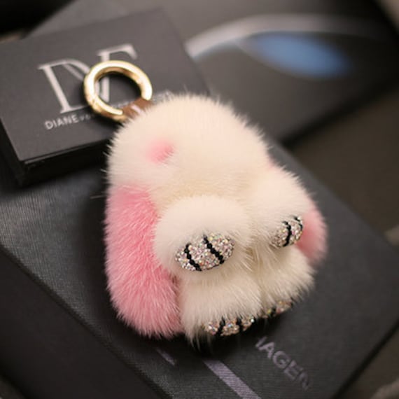 Pelz Hase Schlüsselanhänger Bommeln Anhänger Autozubehör Autoschlüssel Ring Rückspiegel Charm Bayb Pink & Weiß Fell von ATSlowTimes