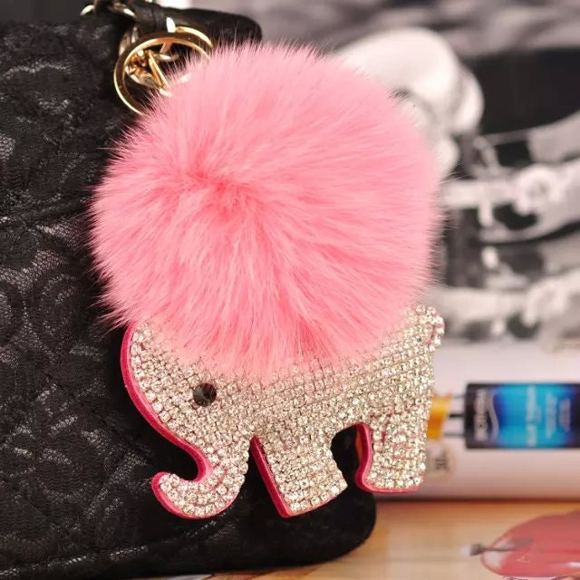 Splitter Bling Crystal Elephant Charms Keychain Befestigen Baby Rosa Pelzball, Benutzerdefinierte Geschenke Für Brautjungfer, Elefant Tasche Pom von ATSlowTimes