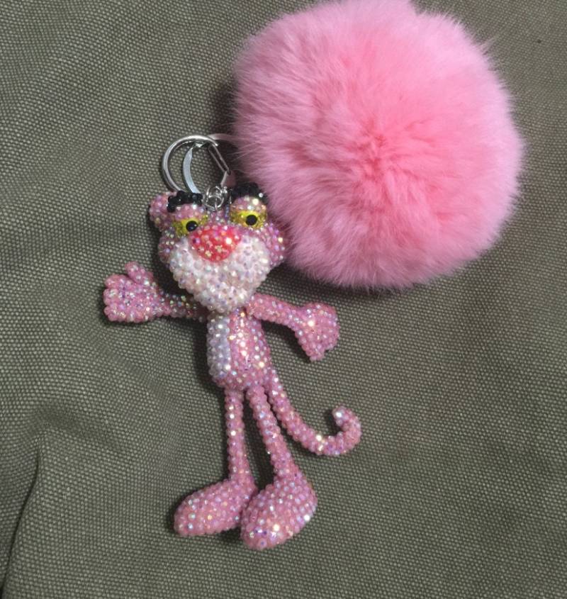 Süßer Schlüsselanhänger - Kristall Pink Puppe Rosa Fellkugel Angebracht Glitzern Taschenanhänger Unikat Geldbörse Charm Schlüsselringe von ATSlowTimes