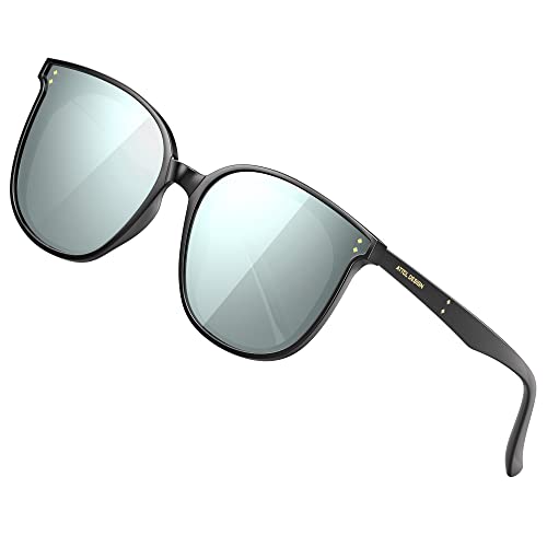 ATTCL Damen Sonnenbrille rund verspiegelt TR90 Rahme HD Nylonlinse Ultra Leicht JD222 Black+silver von ATTCL