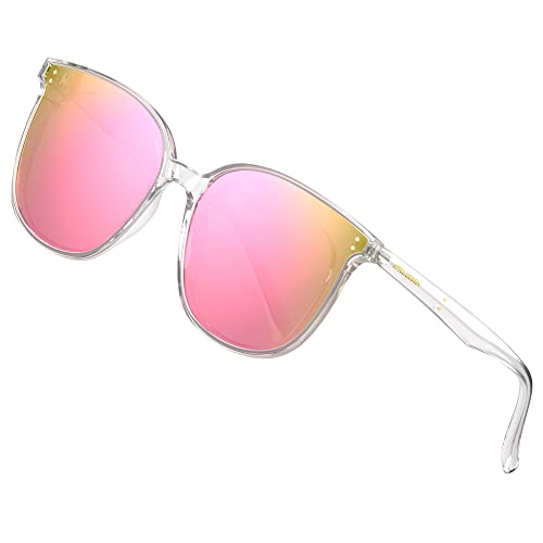 ATTCL Damen Sonnenbrille rund verspiegelt TR90 Rahme HD Nylonlinse Ultra Leicht JD222 Clear+pink von ATTCL
