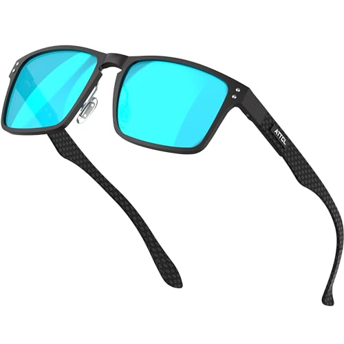 ATTCL Klassische Herren Polarisierte Sonnenbrille mit Rechteckigem Metallrahmen und Karbonfaser Bügeln,UV400 CAT 3 Sonnenbrillen 8999 Black blue von ATTCL