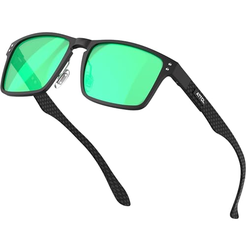 ATTCL Klassische Herren Polarisierte Sonnenbrille mit Rechteckigem Metallrahmen und Karbonfaser Bügeln,UV400 CAT 3 Sonnenbrillen 8999 Black green von ATTCL