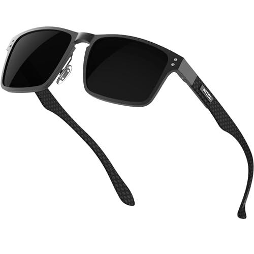 ATTCL Klassische Herren Polarisierte Sonnenbrille mit Rechteckigem Metallrahmen und Karbonfaser Bügeln,UV400 CAT 3 Sonnenbrillen 8999 Black grey von ATTCL