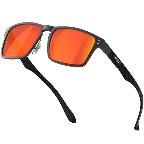 ATTCL Klassische Herren Polarisierte Sonnenbrille mit Rechteckigem Metallrahmen und Karbonfaser Bügeln,UV400 CAT 3 Sonnenbrillen 8999 Red von ATTCL