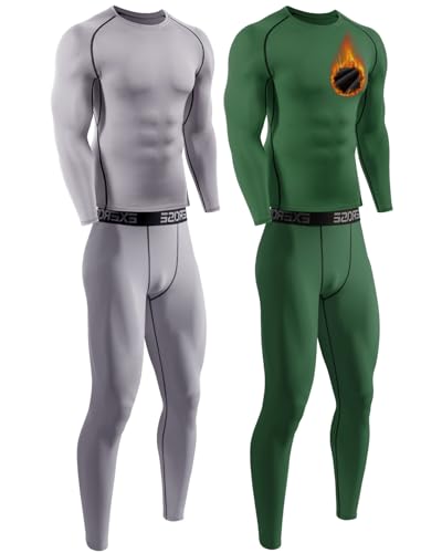 ATTIQOZI 2 Pack Thermounterwäsche Herren Funktionsunterwäsche Skiunterwäsche Set Winter Warm Innenflleece Lange Unterwäsche Herren Atmungsaktiv Thermounterhemd für Männer Grau/Grün M von ATTIQOZI