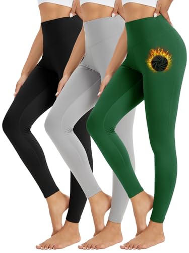 ATTIQOZI 3 Pack Thermo Leggings Damen Winter High Waist Blickdicht Thermohose Gefütterte Sportleggings Thermounterwäsche Innenfleece Skiunterwäsche Damen für Yoga Ski Schwarz/Grau/Grün S von ATTIQOZI
