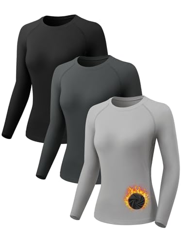 ATTIQOZI 3 Pack Thermounterwäsche Damen Warm Skiunterwäsche Oberteile Damen Innenfleece funktionsunterwäsche Weich Frauen Ski Unterwäsche Kompressions Laufoberteil Schwarz/Dunkelgrau/Grau XL von ATTIQOZI
