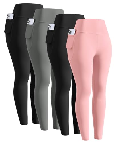 ATTIQOZI 4 Pack Sportleggings Mädchen Lang Mit Handytasche Komfortable Hohe Taille Sporthose Elastisch Yogahose Kompressionsleggins Tanzhose für Jogging Gymnastik Schwarz/Grau/Schwarz/Rosa XXL von ATTIQOZI
