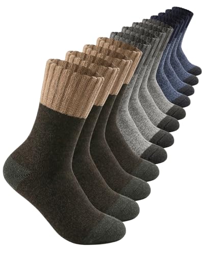 ATTIQOZI 6 Paar Thermosocken Herren,Warme Wintersocken Merino Wollsocken Herren, Dicke Atmungsaktiv Socken Skisocken Wandersocken für Zuhause, Outdoor, Lauf 2Kaffeebraun/2Grau/2Dunkelblau von ATTIQOZI
