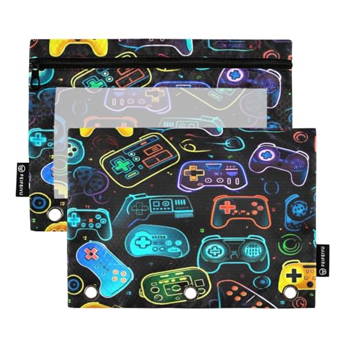 ATTX Buntes Federmäppchen für Videospiel-Controller, für 3-Ringbücher mit glattem Reißverschluss, transparentes Fenster, Federmäppchen für Ordner, große Kapazität mit 3 verstärkten Ösen von ATTX