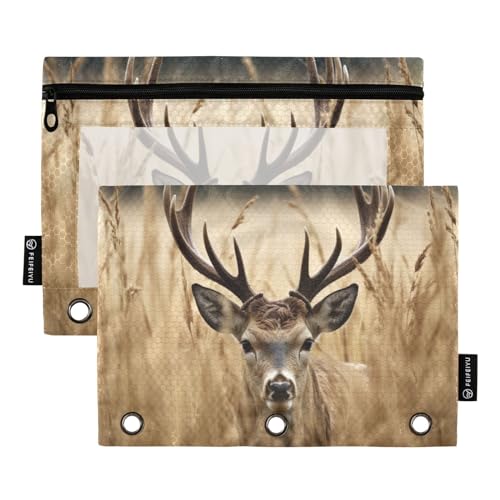 ATTX Weizenfeld-Hirsch-Federmäppchen für 3-Ringbuch mit glattem Reißverschluss, transparentes Fenster, Federmäppchen für Ordner, große Kapazität mit 3 verstärkten Ösen #149 von ATTX