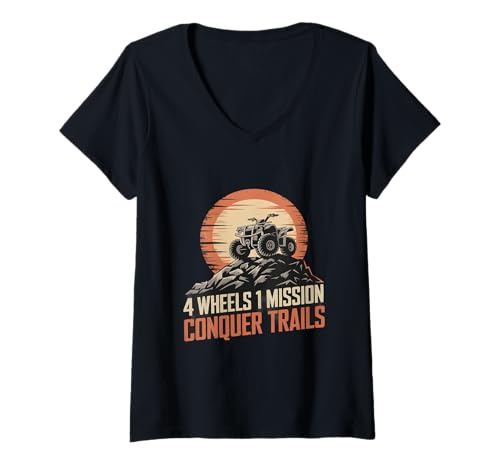 Damen 4 Räder 1 Mission Conquer Trails ATV Quad Reiten T-Shirt mit V-Ausschnitt von ATV Quad Riding Extreme Powersports Action