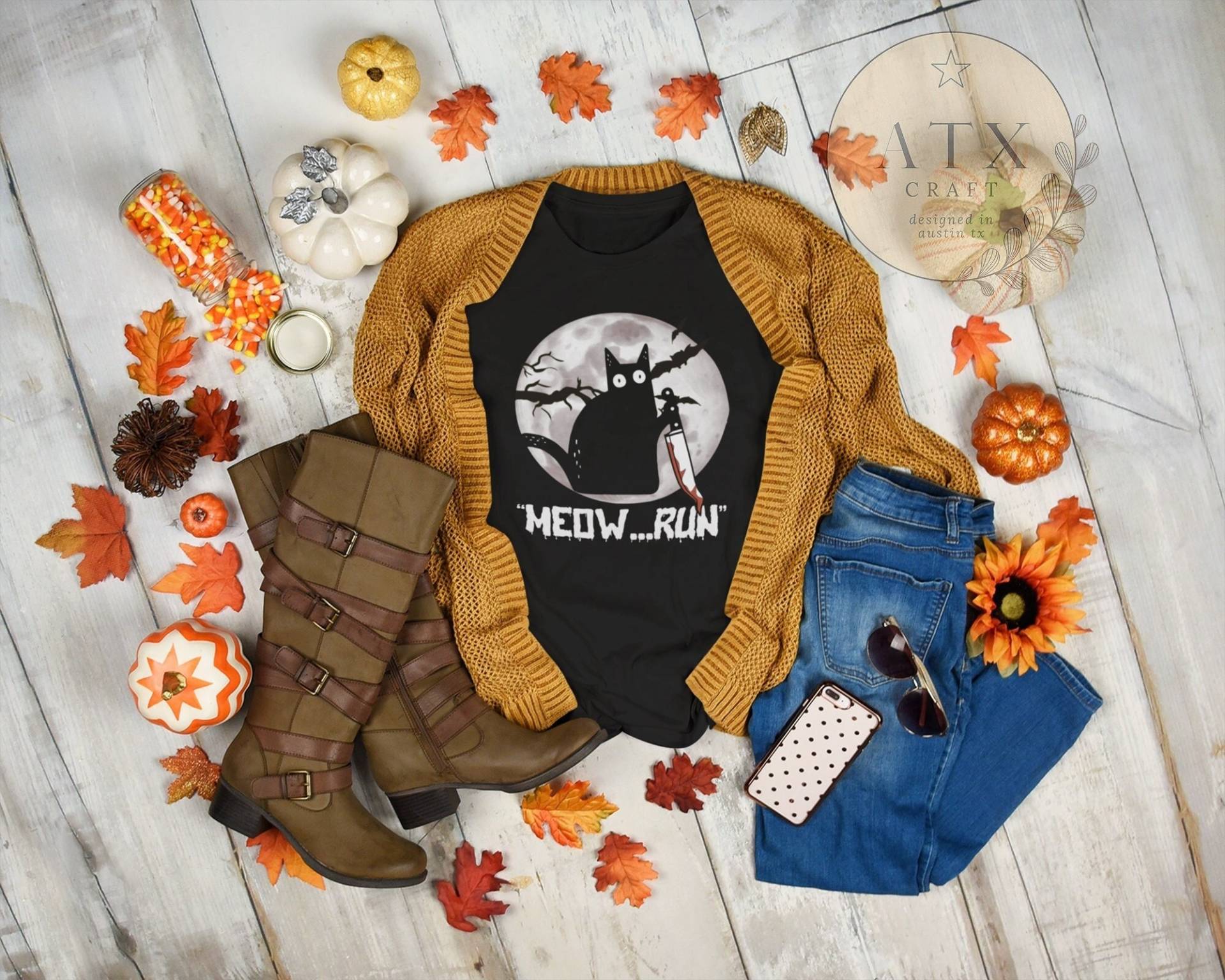 Halloween Katzen Shirt, Lustiges Süße Katze Glückliches Kostüm, Herbst Mit Messer von ATXCraft