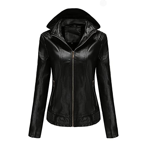 ATZTD Damen Abnehmbare Kapuze Kunstleder Jacke Biker Fleece Lederjacke Mantel von ATZTD