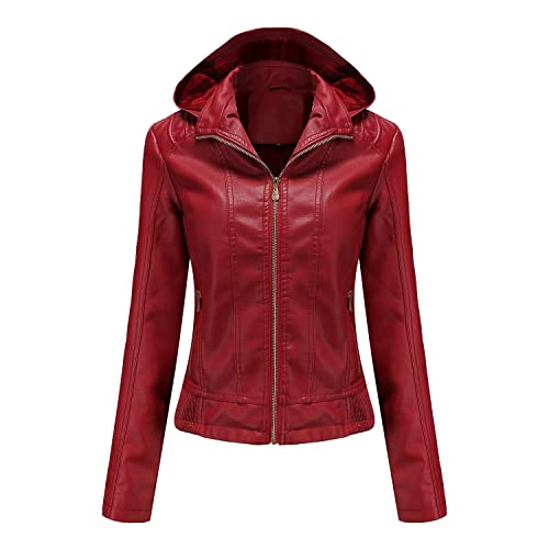 ATZTD Damen Abnehmbare Kunstlederjacke mit Kapuze, Biker-Fleece-Lederjacke (Damen 6,M) von ATZTD