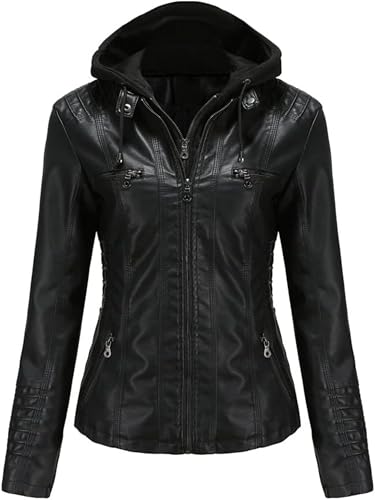ATZTD Damen Casual Stehkragen Abnehmbare Kapuze PU Lederjacke Kunstleder Jacke von ATZTD