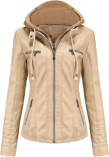 ATZTD Damen Casual Stehkragen Abnehmbare Kapuze PU Lederjacke Kunstleder Jacke von ATZTD