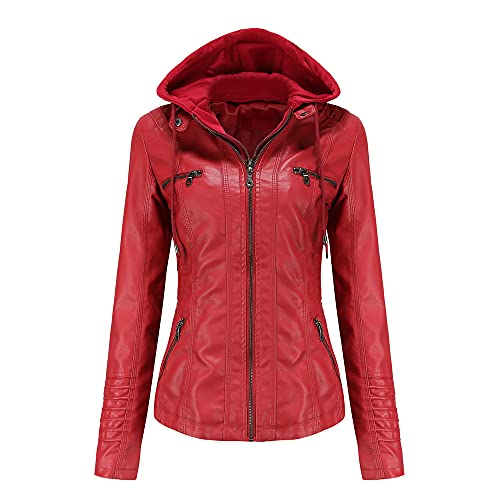 ATZTD Damen Casual Stehkragen Abnehmbare Kapuze PU Lederjacke Kunstleder Jacke von ATZTD