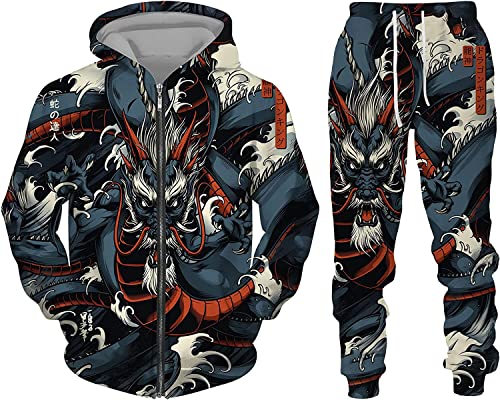 Herren 3D Gedruckt Tier Drachen Muster Sweatshirt Hoodies Set Herren Drachen Trainingsanzug (Herren 2,L) von ATZTD