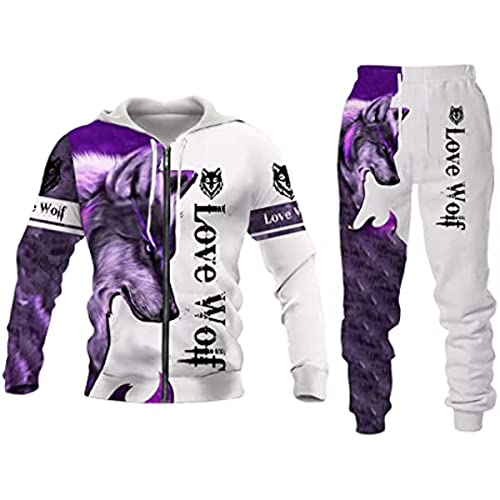 Herren Anzug Löwe Wolf 3D gedruckt Hoodie Hose Anzug Herren Herbst Freizeit Trainingsanzug Tiere (Wolf 1, S) von ATZTD