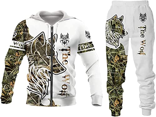 Herren Anzug Löwe Wolf 3D gedruckt Hoodie Hose Anzug Männlich Herbst Freizeit Trainingsanzug Tiere (Wolf 3, M) von ATZTD