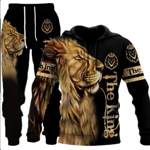 Herren Löwe 2-teiliges Set Trainingsanzug Wolf Tiger Print Jogger Sweatpants Jogginganzüge Sweatsuit (Lion 1, L) von ATZTD