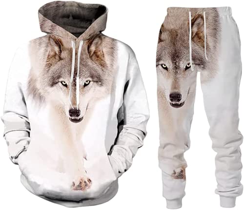 Herren-Sets Trainingsanzüge Wolf 3D Bedruckte Kapuzenpullover + Jogginghose Zweiteiliger Anzug (9,M) von ATZTD