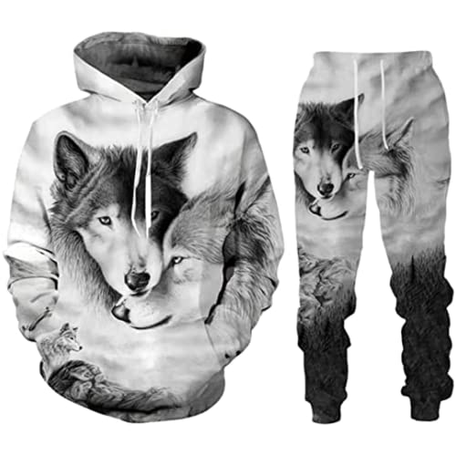 Herren-Sets Trainingsanzüge Wolf 3D bedruckte Herren-Kapuzenpullover + Jogginghose zweiteiliger Anzug (Herren1, XL) von ATZTD