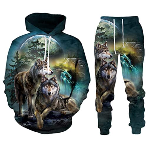 Herren-Sets Trainingsanzüge Wolf 3D bedruckte Herren-Kapuzenpullover + Jogginghose zweiteiliger Anzug (Herren2, L) von ATZTD