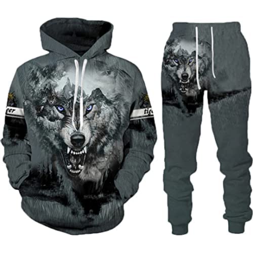 Herren-Sets Trainingsanzüge Wolf 3D bedruckte Herren-Kapuzenpullover + Jogginghose zweiteiliger Anzug (Herren3, L) von ATZTD