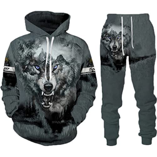 Herren-Sets Trainingsanzüge Wolf 3D bedruckte Herren-Kapuzenpullover + Jogginghose zweiteiliger Anzug (Herren3,5XL) von ATZTD