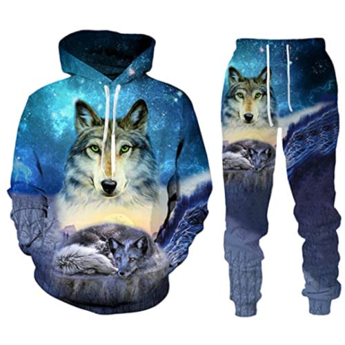 Herren-Sets Trainingsanzüge Wolf 3D bedruckte Herren-Kapuzenpullover + Jogginghose zweiteiliger Anzug (Herren4, M) von ATZTD