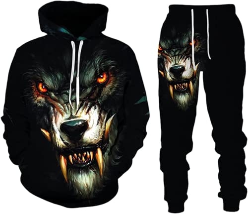 Herren-Sets Trainingsanzüge Wolf 3D bedruckte Herren-Kapuzenpullover + Jogginghose zweiteiliger Anzug (Herren7, L) von ATZTD