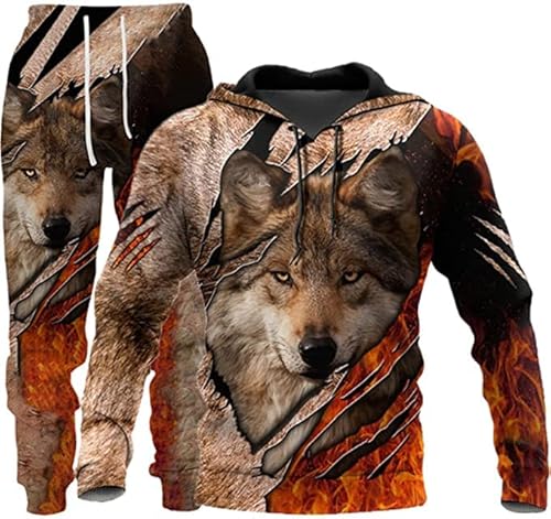 Men's Lion Wolf Hooded Jacket + Trousers Autumn Winter Animal 3D Lion and Tiger Print Casual Hooded Trousers (Wolf 1,L) von Amacigana